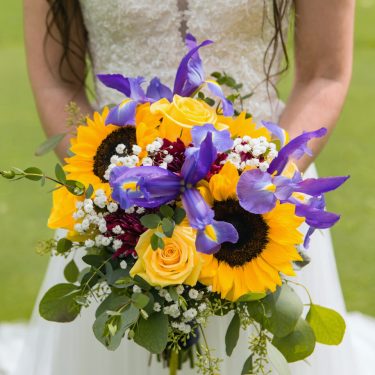 Yellow and purple wedding flowers